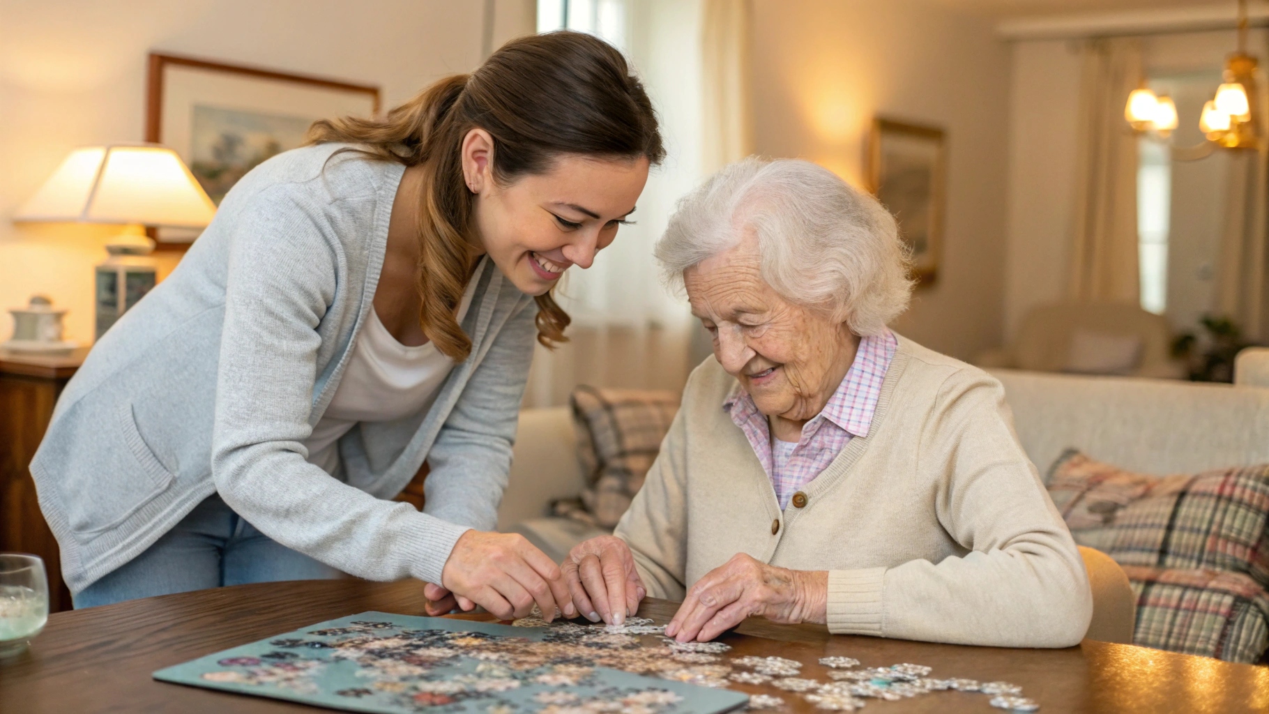 a-women-helping-an-elderly-fix-a-jigsaw-puzzle-on-